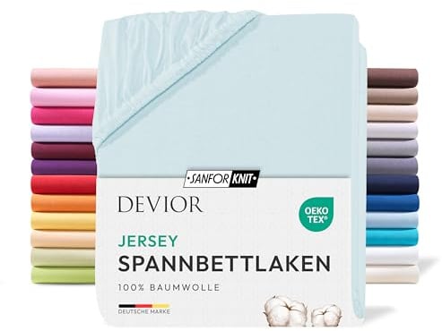 Devior Jersey Spannbettlaken 140x200cm - 160x200cm, 100% Baumwolle, Matratzenhöhe bis 22cm, Aqua – 135 g/m² Anti-Statisches, atmungsaktives Bettlaken mit Einlaufschutz, Matratzenbezug Blau