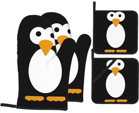 Ofenhandschuhe und Topflappen mit Pinguin-Motiv, hitzebeständig, wasserdicht, zum Backen, Kochen, Grillen, 4 Stück