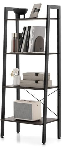 COSTWAY 4-Tier Ladder Bookshelf, Industrial Bookcase Storage Shelving Unit with Anti-Tipping Kits, Freestanding Metal Frame Wooden Display Rack Shelf for Living Room Office (Dark Brown, 56x32x138cm)