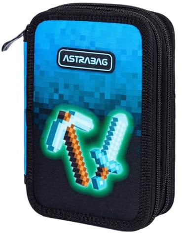 ASTRABAG Blue Pixel 3-Fach Mäppchen Federmappe Gefüllt dreifaches Federmäppchen, Schüleretui 3-stöckig Jungen, Federtasche XXL, Federmäppchen mit Zubehör, Motiv - Blue Pixel