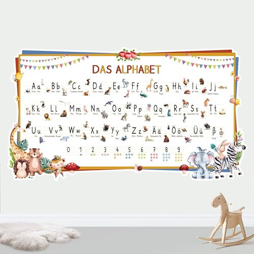 Wandsticker Kinder ABC Deutsch mit Letter Tracing,Alphabet lernen mit Tiere Buchstaben Wandaufkleber,Wandtattoo Kinderzimmerdeko,Poster Selbstklebend,58x100cm
