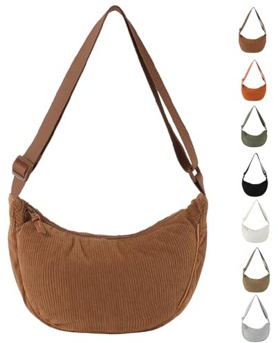 GoPaw Damen Cord Crossbody Bag, Halbmond Tasche Cord Umhängetasche, Damen Halbmond Tasche Schultertasche Mit Schultergurt Einstellbar Lässige Umhängetasche aus Kord für jeden Anlass (Braun)