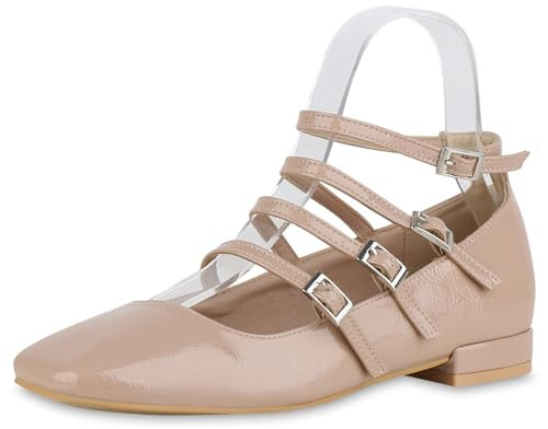 VAN HILL Damen Riemchenballerinas Flach Lack Party Schuhe 841180 215426 Beige Lack 39