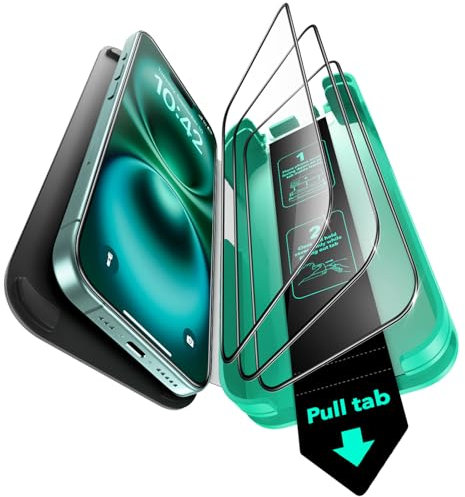 ESR Protector Pantalla para iPhone 16 y iPhone 15, Templado 9H+, Sin Burbujas Ni Polvo, Amorite Cristal Templado Protección Grado Militar, No Astilla, Duradero, Herramienta Instalación Fácil Mejorada