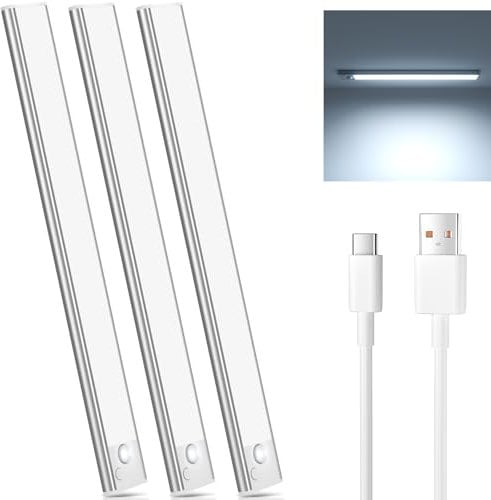 Schrankbeleuchtung Unterbauleuchte Küche Led Bewegungsmelder - 30CM Weiß 3 Stück Kabellos Unterschrank Lichtleiste mit USB Aufladbar Akku Unterbau Küchen Beleuchtung für Kleiderschrank Unterschrank