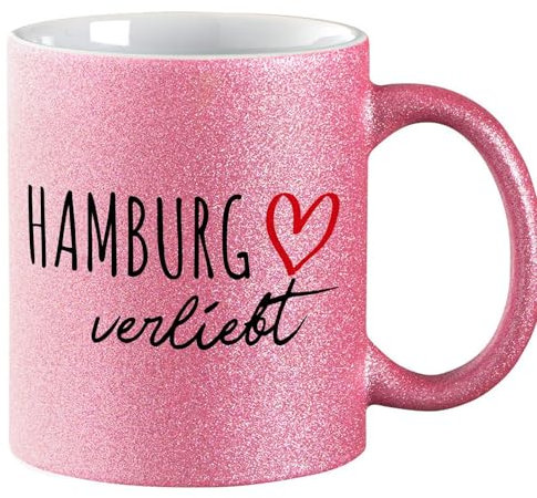 Huuraa Glitzer Kaffeebecher Hamburg verliebt Geschenk 330ml Pink Hamburg Mitbringsel