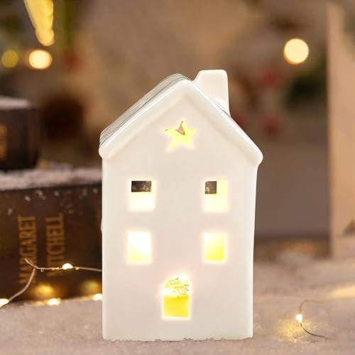Xevinas Weihnachtsdorf Mit Beleuchtung, Weihnachten Deko Porzellan Häuser Weiß Batteriebetrieben, Keramik Häuser Weiß Aus Hochwertigen Keramikmaterialien, Weihnachtsdeko Figuren Für Tisch (B)