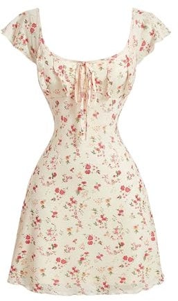 GORGLITTER Women's Floral A Line Flared Short Dress Scoop Neck Tie Front Cap Sleeve Vacation Dresses Apricot Small