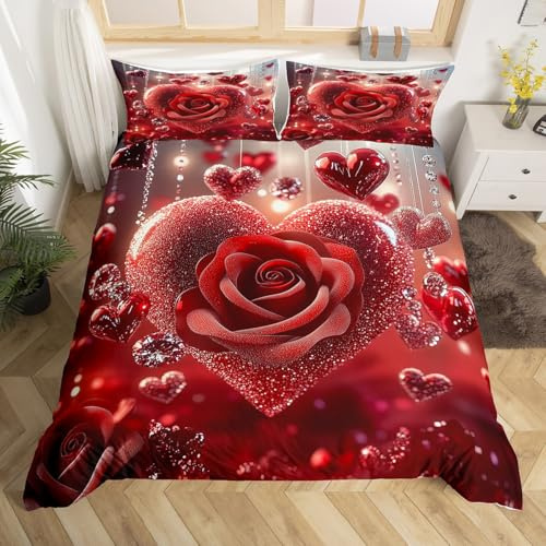 Manfei Red Rose Duvet Cover Set Double Size, Romantic Hearts Print Bedding Set 3pcs, Valentine's Day Comforter Cover, Girls Lovers Room Decor, Soft Polyester Quilt Cover, 2 Pillowcases, No Comforter