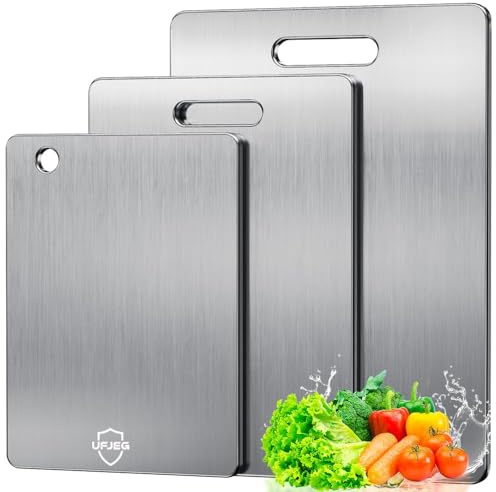 UFJEG 3 taglieri in acciaio inox per cucina, in acciaio inox SUS 304, tagliere double-face per uso alimentare per campeggio all'aperto (39,6 x 28 cm, 33 x 23,6 cm, 30 x 19,8 cm)