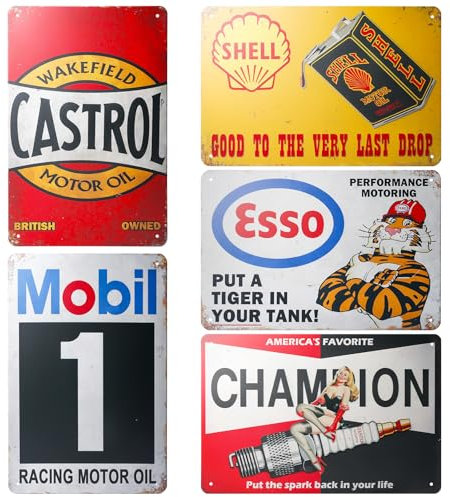 Behogan Lot de 5 plaques en tôle décoratives rétro - 20 x 30 cm - Pour garage, moto vintage - Plaque en métal - Plaque en tôle rétro - Pour garage, voiture, bar, essence