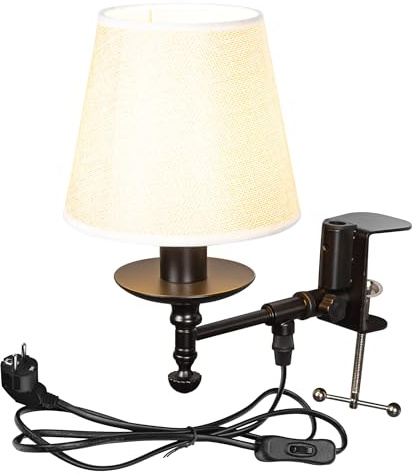 FSLiving Retro Klemmleuchte,1 Packung Leselampe mit 2,5 m Kabel, Leinenfarbe Nachttischlampe,Augenpflege Schreibtischlampe für Büro Heimgebrauch, E14 Lampenhalterung - B2SJBDJZ2