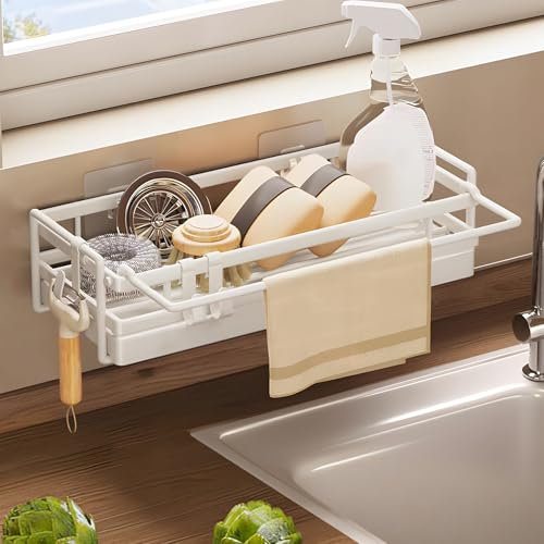 Spülbecken Organizer Küchen Organizer mit Spültuchhalter- Hängend, Kohlenstoffstahl für Spüle, Spülmittel & Küchenutensilien - Spülablage & Küchenablage ohne Bohren, Sink Organizer, Weiß