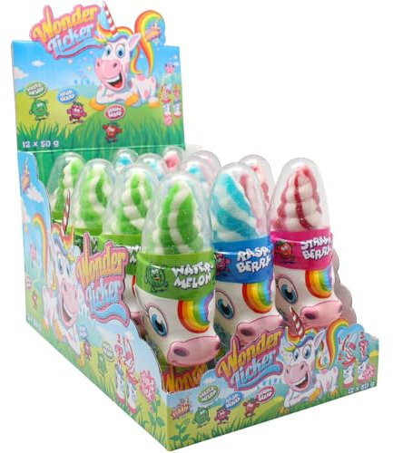 Einhorn Wonder Licker Lutscher 12er Display | 50g mit saurem Pulver | 3 Fruchtgeschmäcker (Erdbeere, Himbeere, Wassermelone) | Perfekt für Kindergeburtstage & Partys | Interaktiver Naschspaß