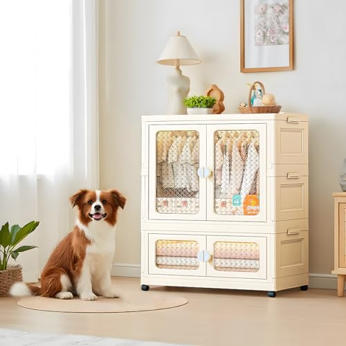 Niwugady Tragbarer Kleiderschrank mit Doppeltüren - Zusammenklappbarer Schrank mit Rollen 103x75x38cm - Kunststoff-Klappkommode mit Kleiderstange 1 Aufhängung + 1 Aufbewahrungen - Weiß