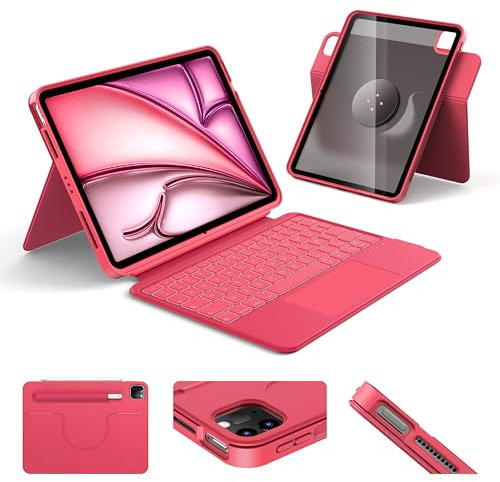 HOU Clavier Rotative pour iPad Air 11 (M3/M2) 2025, Coque Magnétique Détachable avec Clavier pour iPad Pro 11 (4e/3e/2e/1re Gén) et Air (7e/6e/5e/4e Gén), avec Pavé Tactile, Rétroéclairage - Magenta