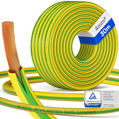 hb-digital 30m 4mm2 Erdungskabel H07V-K 1x4mm² Aderleitung flexibel Kupfer Litze Einzelader für PV Anlagen Solar Energieleitung Verdrahtungsleitung PVC Erdungsleitung feindrahtig grün-gelb