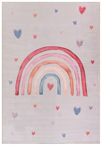 Mazovia Spielteppich Kinderzimmer 140x200cm Creme Herzen Pflegeleicht | Kinderteppich für Schlafzimmer Spielzimmer Mädchen/Jungen Beige Maschinenwaschbar Rutschfest Allergikerfreundlich Kurzflor