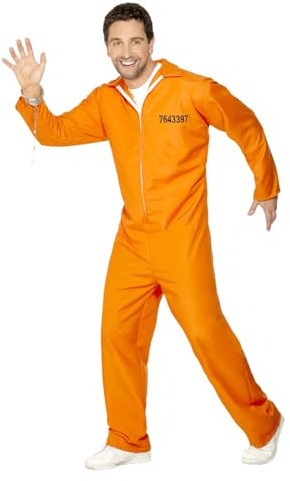Smiffys Escaped Prisoner Costume Orange Boiler Suit Adult Fancy Dress for Men Convict Inmate Outfit for Cops and Robbers Themed Parties Halloween Role Play and Criminal Character Looks