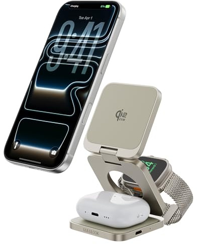 LULULOOK Ultra Kompakt Qi2.2 25W 3 in 1 Ladestation, Faltbar Reise MagSafe Ladegerät für iPhone 17/16, 5W für Apple Watch und AirPods, Alle Aluminium Design mit 45W GaN Netzteil, Titan