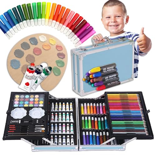 H&F Heimtextilien 145-tlg. Malset im blauen Aluminiumkoffer – Buntstifte, Filzstifte, Wasser- & Acrylfarben, Ölkreiden & Pinsel – Malkoffer für Kinder ab 3 Jahren