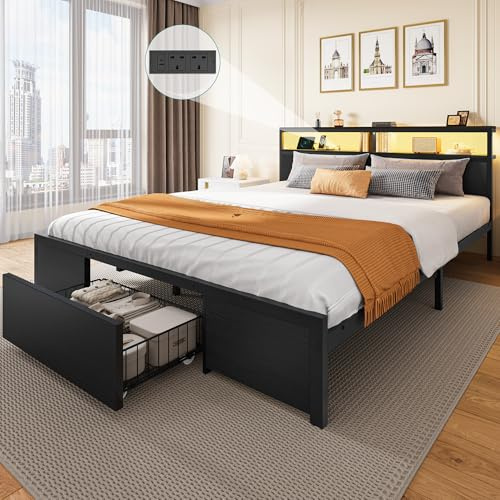 YITAHOME Bed Frame,LED with Headboard,Type-C USB Ports & Charging Outlets,Metal Platform Bed Frame No Box Spring Needed Super King Size Black