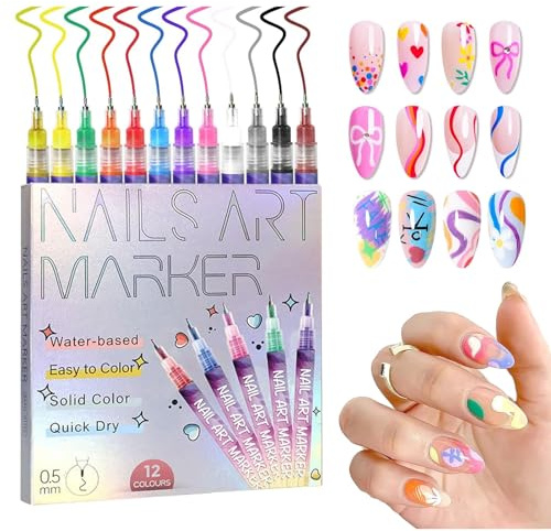 Luckwaii 12 Farben Nagellack Stifte Set, Nail Art Stifte 3D Nagelkunststift DIY Linie Nagelkunst Graffiti, Nagelstifte Nail Art Pens Nagellackstifte für Nägel Kunst Zeichenmalwerkzeuge