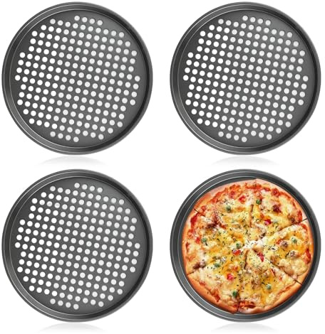 MOKIDO Pizzablech Rund ø 29 cm, 4er Set Pizza Backblech, Schwarzes Pizza Blech, Gelocht, Antihaft, Hitzebeständig für Pizzaofen & Backofen bis 230 Grad, Runde Pizzaform