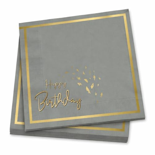 STUWU Happy Birthday Servietten Grau Gold – 20 Stück – 33 x 33 cm – Elegante Geburtstags Tischdeko für stilvolle Feier & Dinnerparty