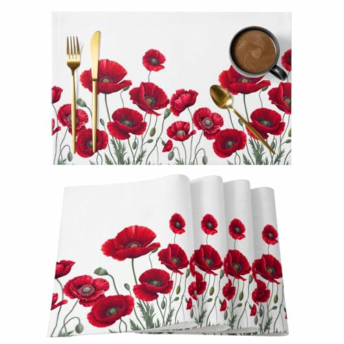 Washable Placemats Set of 6, Spring Red Opium Poppy Flower Place Mat Summer Watercolor Plant Kitchen Dining Table Mats for Indoor Outdoor Party Decor