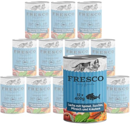 FRESCO Dog NassBarf Lachs 12 x 400g | mit Spinat, Zucchini & Pfirsich | Hundefutter Nass getreidefrei | Mono-Protein & 56% Frischfleisch | Barf Nassfutter für Hunde ohne Zusätze | Aus Deutschland