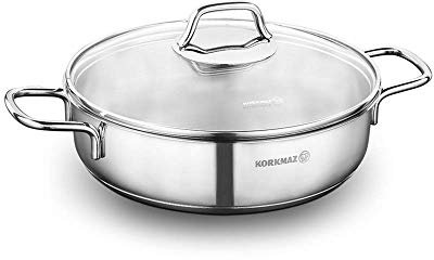 Korkmaz Perla en acier inoxydable de cuisine de Cocotte, faible Cocotte, Wok, casserole, casserole avec bec avec Tri-Ply Fond encapsulé avec couvercle Low Casserole - 3.2 Qt