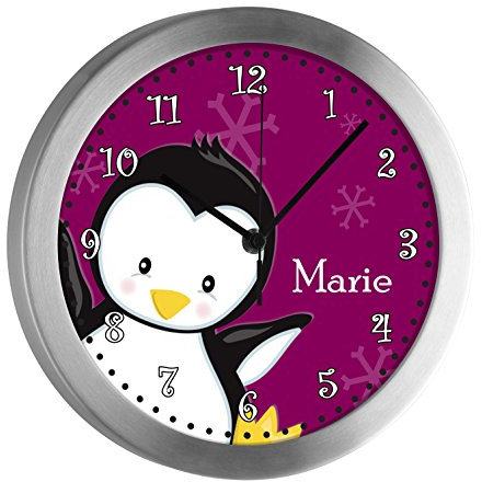 CreaDesign Kinder Funkwanduhr mit (Wunsch) Namen | Kinderzimmer Funkuhr| mit Analog ? Ziffernblatt | geräuscharm | Wanduhr Kind | Motiv Pinguin