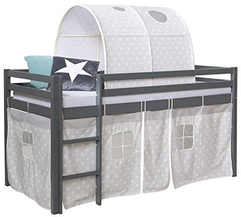 Homestyle4u 1876, Kinderbett Hochbett 90x200 Grau Bettgestell mit Leiter Vorhang Tunnel Sterne Holz Kiefer