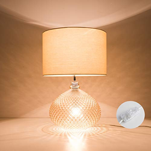 HARPER LIVING Glass Table Lamp with Twin On/Off Switches, UK/EU Plug, Amber Base Finish, Fabric Shade Taupe Finish, Suitable for LED Upgrade, Ideal for Living Room, Bedroom, Hallway, Hotel and B&B