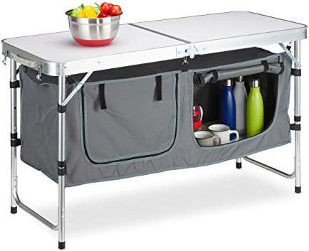 Relaxdays Tavolino Pieghevole da Campeggio, Regolabile in Altezza, Scomparto, Alluminio e MDF, LP 120x47, Argento/Bianco