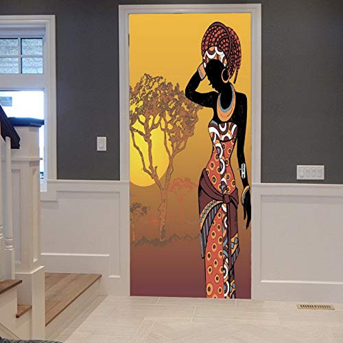 A.Monamour Türtapete Selbstklebend Türfolie Türposter 3D Orange Gelbe Traditionelle Afrikanische Frau Schattenbild In Der Wüste Vinyl Folie Türdeko Tapete Wandbild Türaufkleber Türtattoo 90 x 200 cm