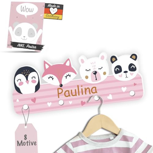 Kindsblick Garderobe mit Wunschname inkl. DIN A4 Poster - Personalisierte Kindergarderobe mit 4 Kleiderhaken für Kinder (Tierträume rosa)