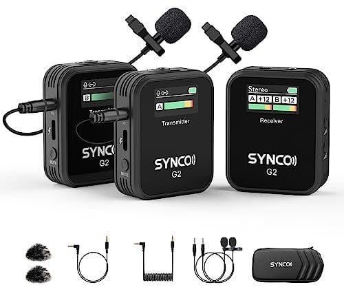 SYNCO Micrófono Solapa Inalámbrico Dual, G2 A2 Micro Corbata Wireless 2.4Ghz 200m Transmisión Compatible para Cámara DSLR Videocámaras Móviles y Tabletas, Corbata-Microfono-Solapa-Inalambrico-Sistema