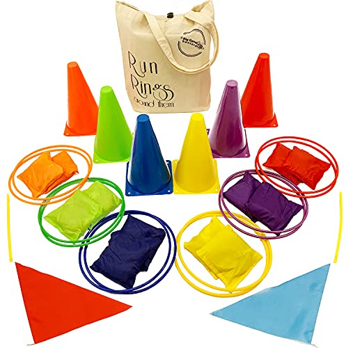 Sports Day Kit Including Cones, Bean Bags and Throwing Rings Equipment for Relay Races for Kids and Adults (4 in 1 32 piece set)
