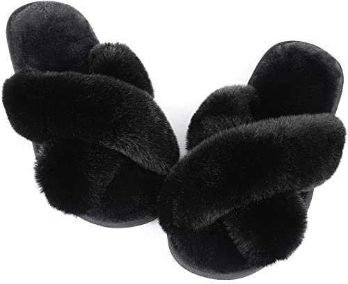 Ankis Hausschuhe Damen Plüsch mit Kreuzband Warme Pantoffeln, Memory-Schaum und Offene Zehenpartie Flauschige Hausschuhe Damen für Drinnen und Draußen (Schwarz - 40/41 EU)