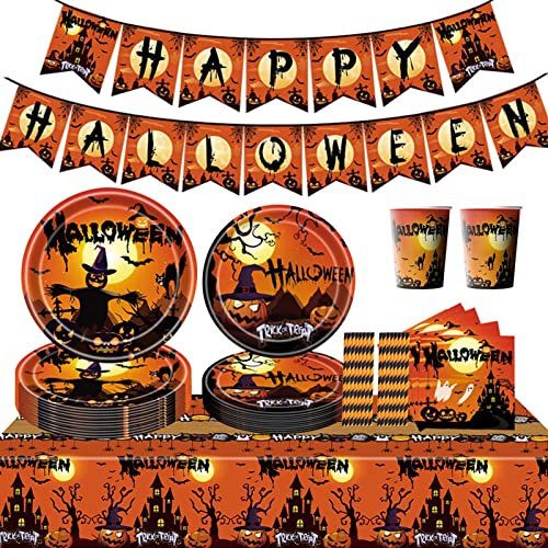 GOLDNICE Platos Vajilla Halloween Decoración, 24 Invitados Fiesta Halloween Plato Papel con Mantel, Servilletas, Tazas, Pajitas, Pancarta de Halloween Terror Cumpleaños Navidad Decoracion, 122 piezas