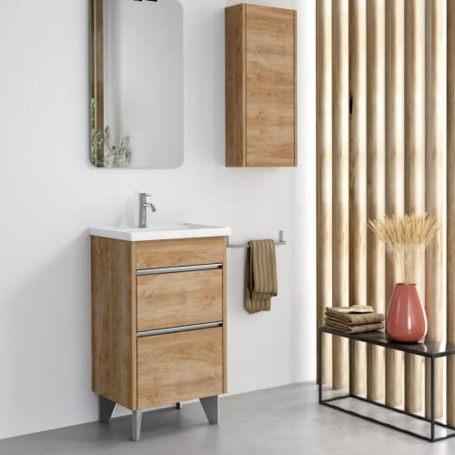 Mueble de Baño al Suelo con Lavabo Cerámico de Fondo Reducido Berna | Mueble Baño con Patas de Fondo Reducido de 2 Cajones con Cierre Amortiguado y Organizador | Roble Natural Tirador Cromo | 60cm