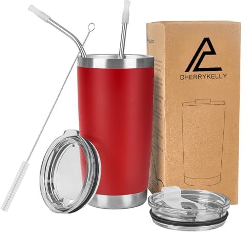 CherryKelly 20oz (550ml) Insulated Travel Tumbler Mug Stainless Steel Vacuum Coffee Cup with 2 Leak-Proof Lids & Straws, BPA-Free, Hot & Cold, Commute, Gym, Office - Red