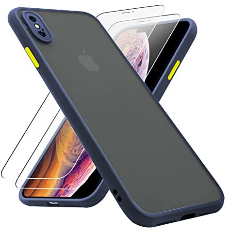 KIOMY Case for iPhone X/iPhone Xs with 2 HD Tempered Glass Screen Protectors, Translucent Matte Protection Cover with Soft Edge, Hard PC Back and TPU Hybrid Anti Yellow Slim fit Shell, 5.8 inch Blue