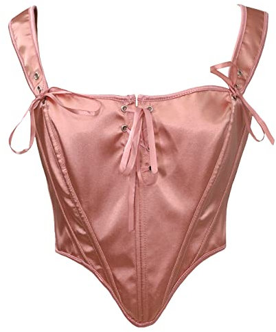 Bslingerie Corsetto vintage in raso con lacci, top corto per feste e discoteca, rosa, S