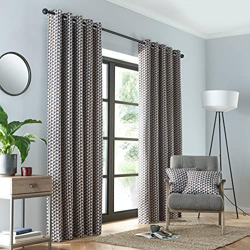 Fusion - Prado - Jacquard Pair of Eyelet Curtains - 90 Width x 54 Drop (229 x 137cm) in Grey/Terracotta