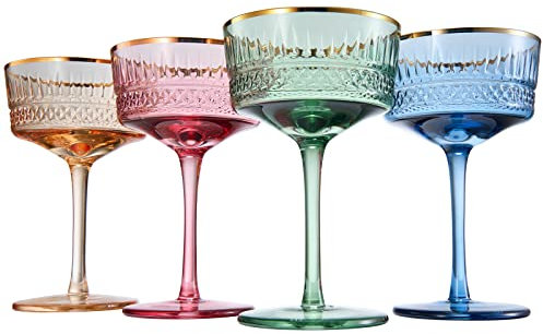 Vintage Pastell Coupe für Champagner, Martini, Cocktails, Gläser,4 Stück,270 ml klassische Cocktailgläser – Manhattan, Cosmopolitan, Sidecar, Crystal Speakeasy Untertasse Kelche für Frühling, Sommer