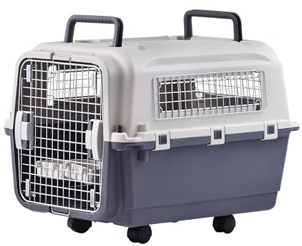 Lanco - Trasportino per cani di taglia grande in plastica portatile e traspirante. Animali domestici Cani e Gatti. Materiale resistente. Misure 67x52x53 cm. Due maniglie. Colore grigio e bianco.