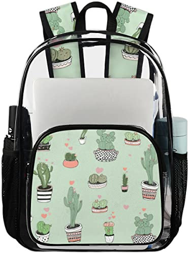 SEEKJOYS Transparenter Rucksack und bedruckte Taschen, Kaktus-Topfmuster, strapazierfähig, PVC, transparente Tasche mit Netzstoff, lustiger Kaktus-farbiger Gurt für Arbeit, Uni, Sport, farblos, L